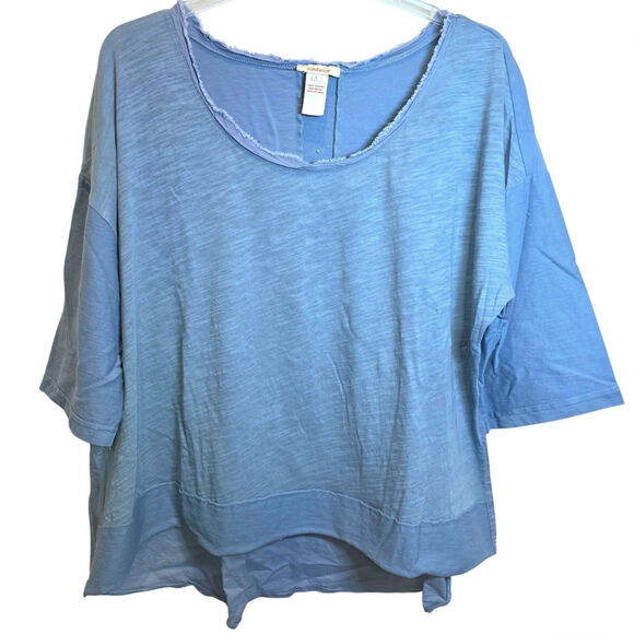 Sundance Mix Media Blouse 3/4 Sleeve Peplem Sz Large Blue Faux Button Back - Picture 9 of 12